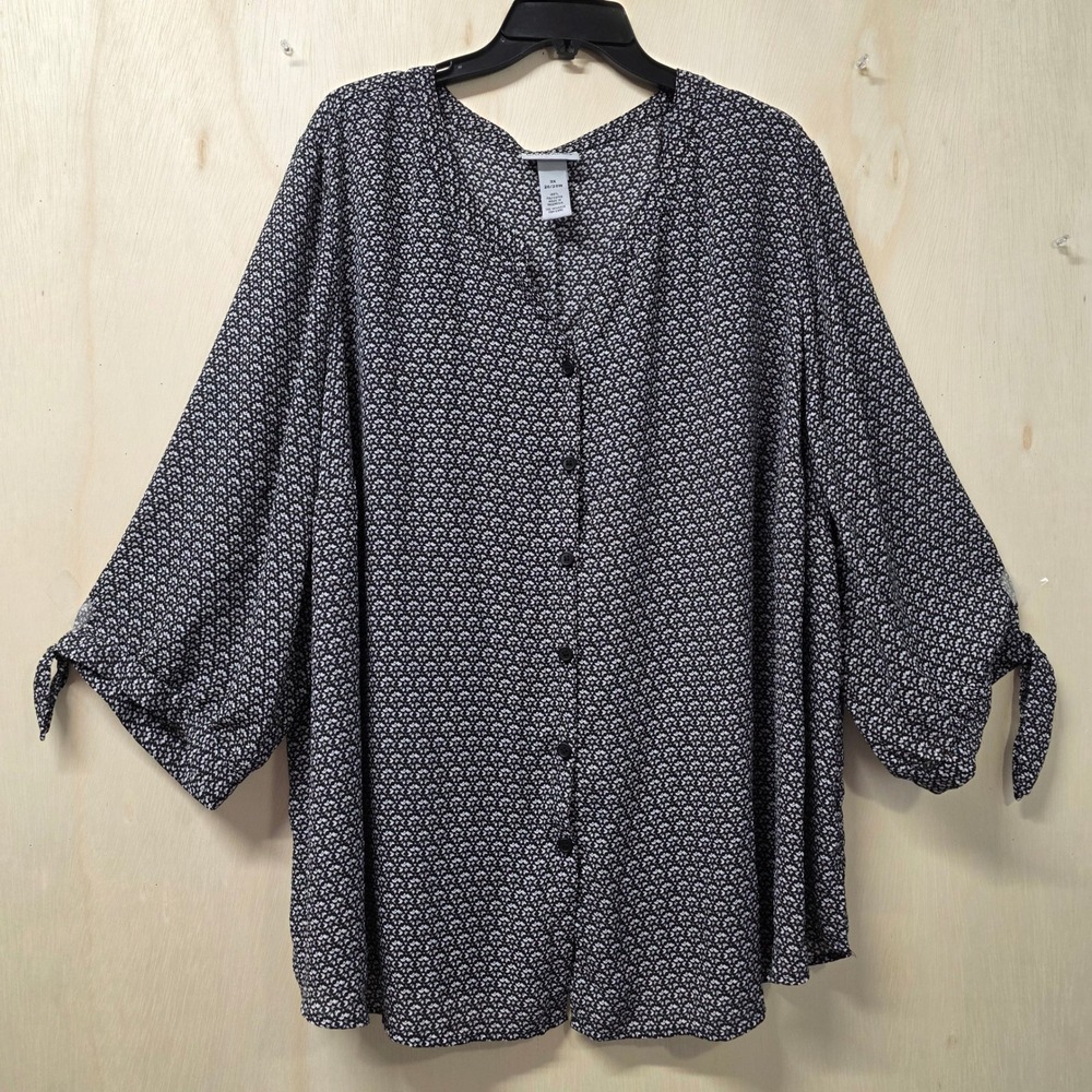 Catherines Womens 3X 26/28W Black White Geometric Tie Cuff Button Front Blouse